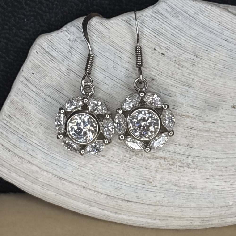 Sterling Silver 925 CZ Floral Dangle Earrings Cubic Zirconia French Hooks